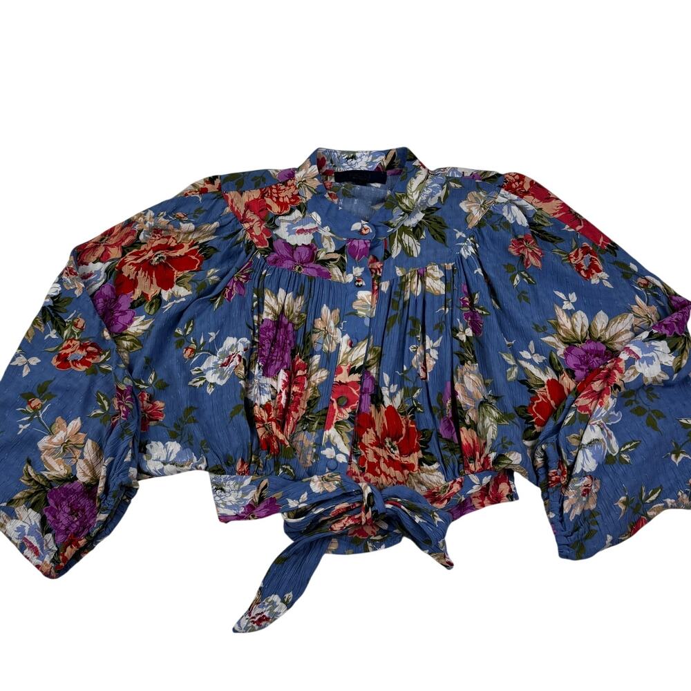 Rachel Roy Floral Romantic Peasant Cottage Cropped Tie Front Blouse Women's XS